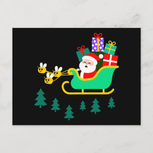 Santa Sleigh Bees Christmas Gifts Pine Trees Xmas Holiday Postcard
