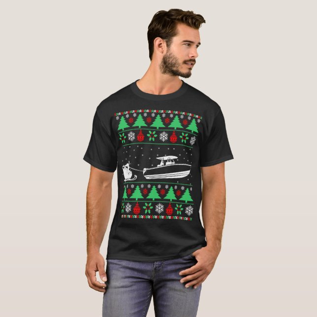 Santa Sleigh Boating Outdoors Christmas Ugly T-Shirt (Front Full)