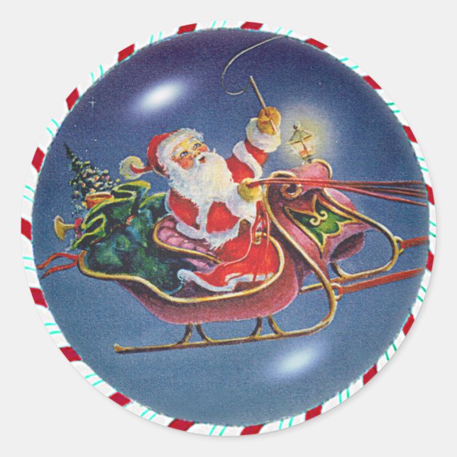 SANTA, SLEIGH & CANDY CANE WREATH by SHARON SHARPE Classic Round Sticker (Front)