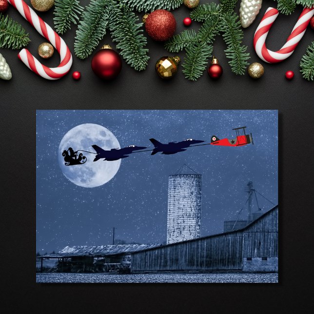Santa, Sleigh, F-16 Jets and Red Biplane Christmas Holiday Card (Creator Uploaded)