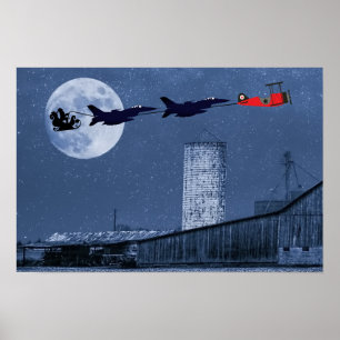 Santa, Sleigh, F-16 Jets and Red Biplane Christmas Poster