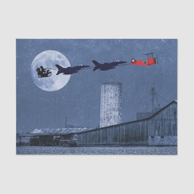 Santa, Sleigh, F-16 Jets and Red Biplane Christmas Tissue Paper (Front)