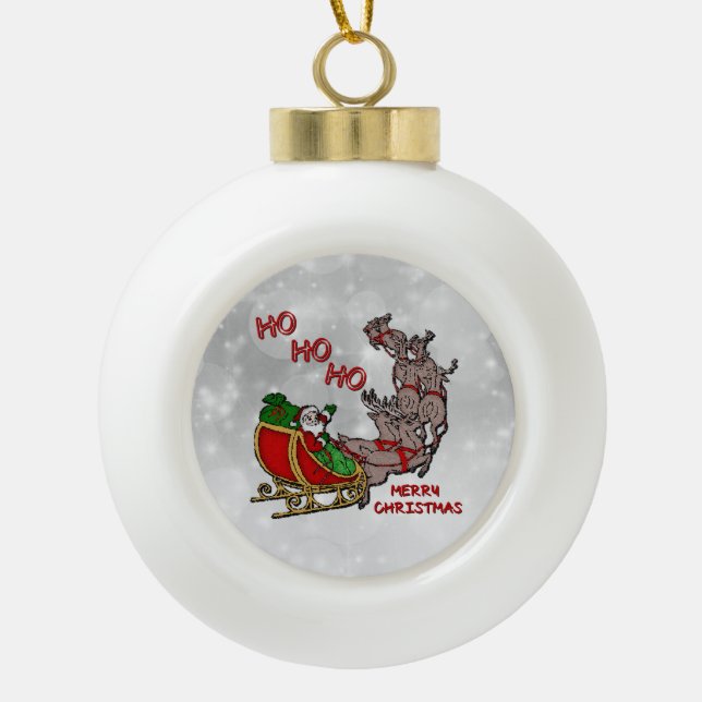 Santa Sleigh HoHoHo Merry Christmas Ball Ornament (Front)