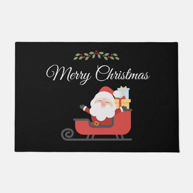 Santa Sleigh Holly Berry Merry Christmas Red Green Doormat (Front)