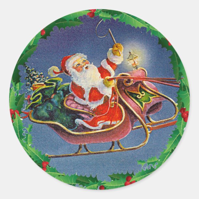 SANTA, SLEIGH & HOLLY by SHARON SHARPE Classic Round Sticker (Front)