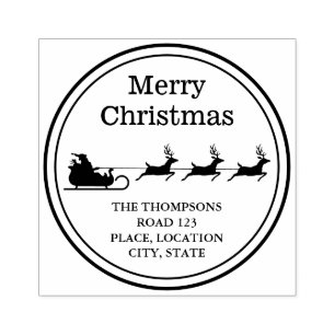Santa Sleigh Merry Christmas And Custom Address Rubber Stamp