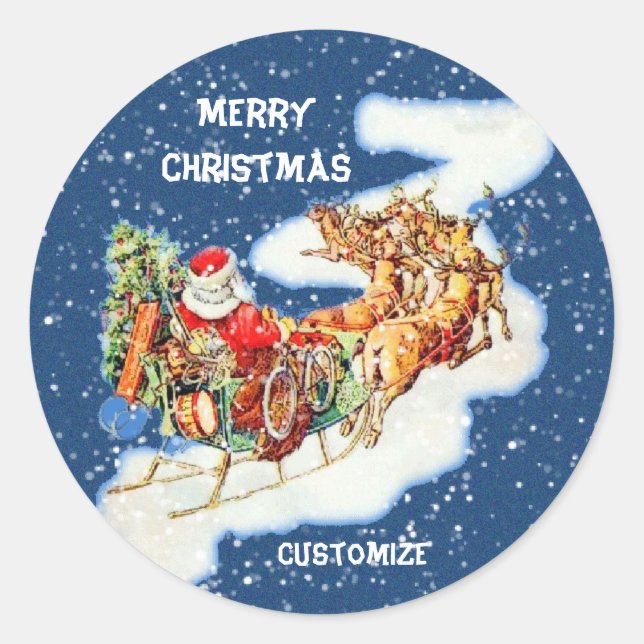 Santa Sleigh Merry Christmas Classic Round Sticker (Front)