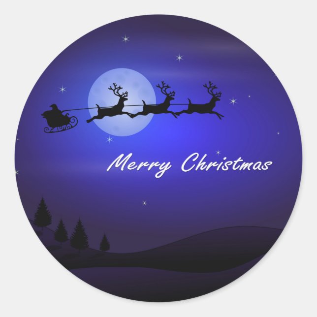 Santa Sleigh Moon Merry Christmas Classic Round Sticker (Front)