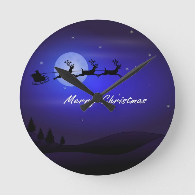 Santa Sleigh Moon Merry Christmas Round Clock (Front)