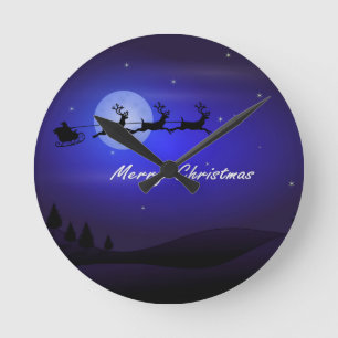 Santa Sleigh Moon Merry Christmas Round Clock