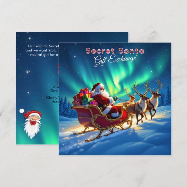 Santa Sleigh & Northern Lights Secret Santa Party Invitation (Front/Back)