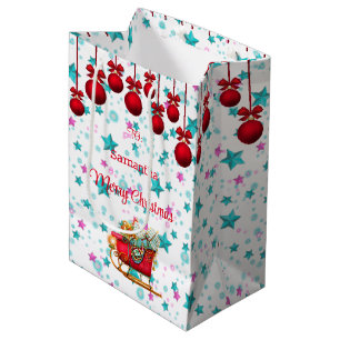 Santa Sleigh Pink Blue Christmas Stars Personalise Medium Gift Bag