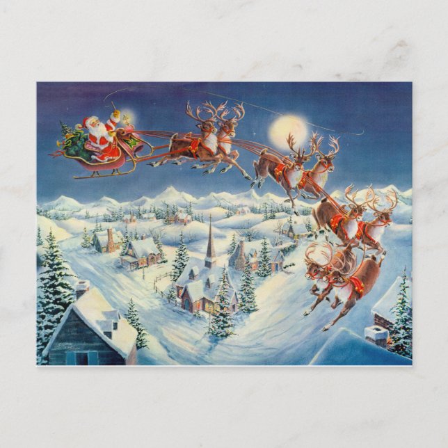 SANTA, SLEIGH & REINDEER by SHARON SHARPE Holiday Postcard (Front)