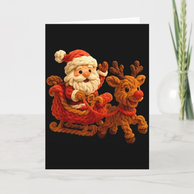 Santa Sleigh Reindeer Crochet Xmas Pajamas Holiday Card (Front)