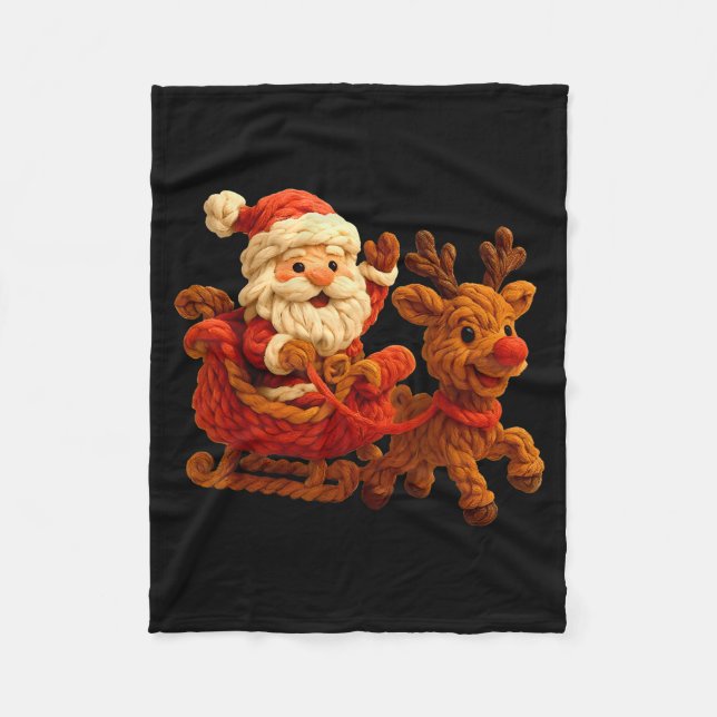 Santa Sleigh Reindeer Crochet Xmas Pajamas Holiday Fleece Blanket (Front)