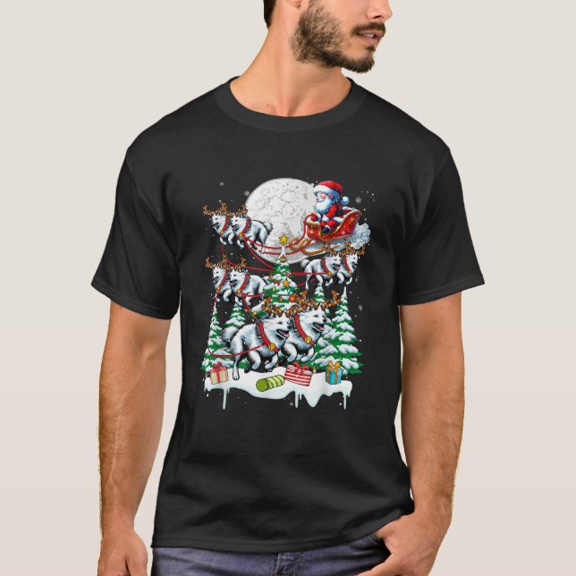 Santa Sleigh Reindeer Elf American Eskimo Dogs Xma T-Shirt (Front)