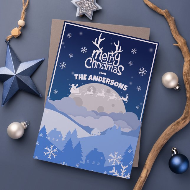 Santa Sleigh & Reindeer Flying in the Midnight Sky Holiday Card (Creator Uploaded)