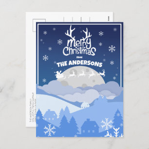 Santa Sleigh & Reindeer Flying in the Midnight Sky Holiday Postcard