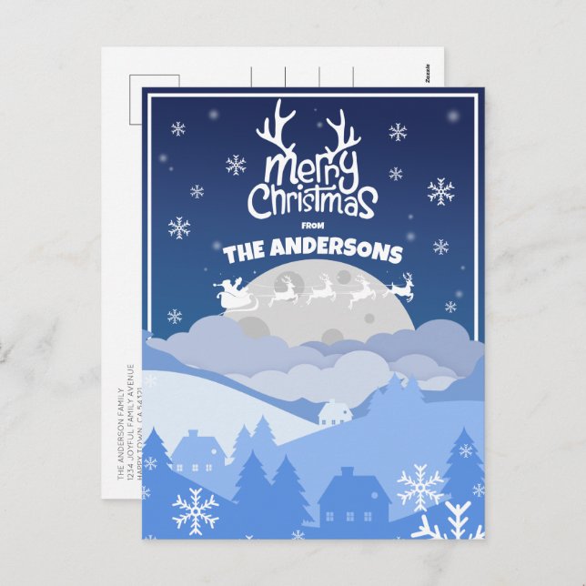 Santa Sleigh & Reindeer Flying in the Midnight Sky Holiday Postcard (Front/Back)