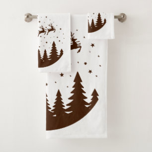 Santa Sleigh Reindeer Flying Over Treetops Brown Bath Towel Set