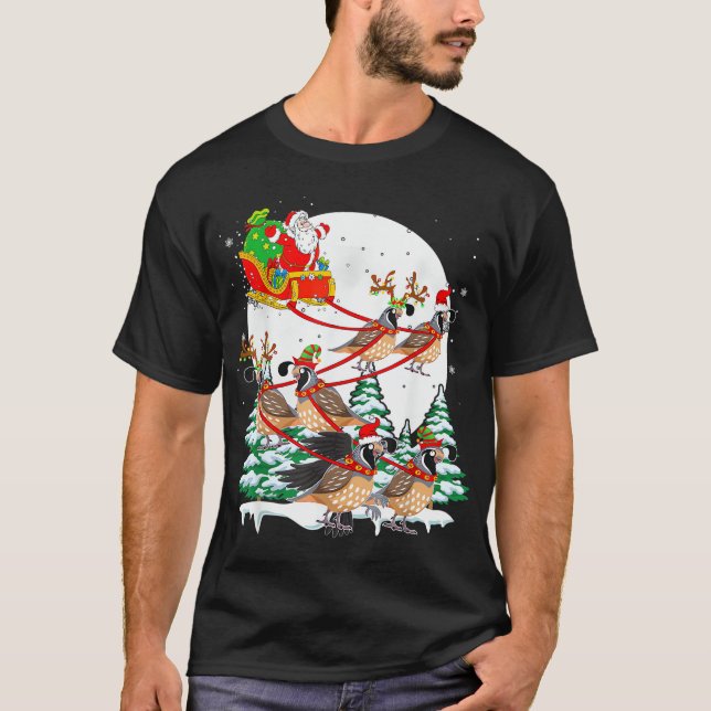 Santa Sleigh Reindeer Quails Christmas Birds Lover T-Shirt (Front)