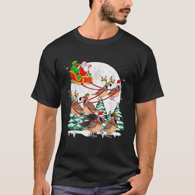 Santa Sleigh Reindeer Quails Christmas Birds Lover T-Shirt (Front)