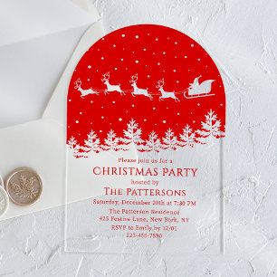 Santa Sleigh Reindeer Red Snowy Christmas Party Acrylic Invitations