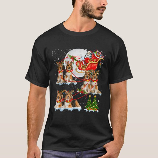 Santa Sleigh Reindeer Shetland Sheepdogs Christmas T-Shirt (Front)