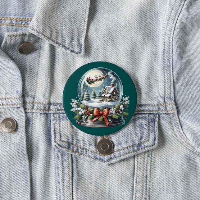 Santa Sleigh Ride in Snow Globe Wonderland 7.5 Cm Round Badge (In Situ)