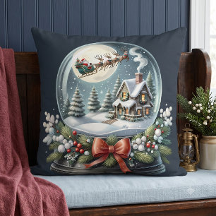 Santa Sleigh Ride in Snow Globe Wonderland Blue Cushion