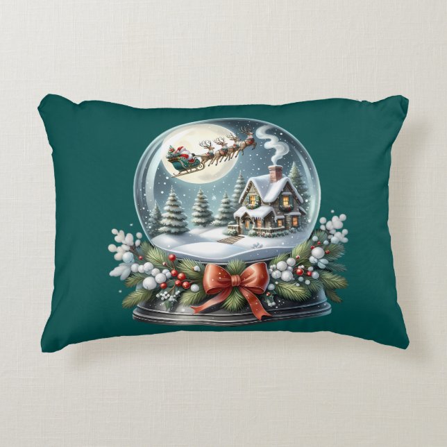 Santa Sleigh Ride in Snow Globe Wonderland Decorative Cushion (Front)