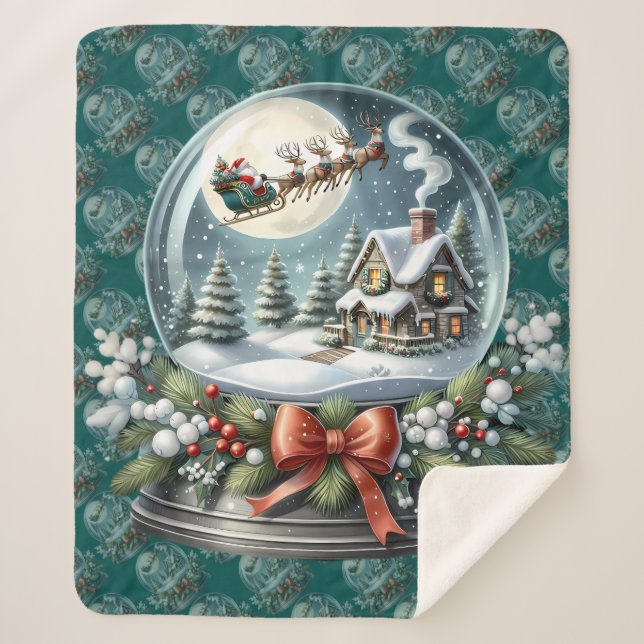 Santa Sleigh Ride in Snow Globe Wonderland Sherpa Blanket (Front)