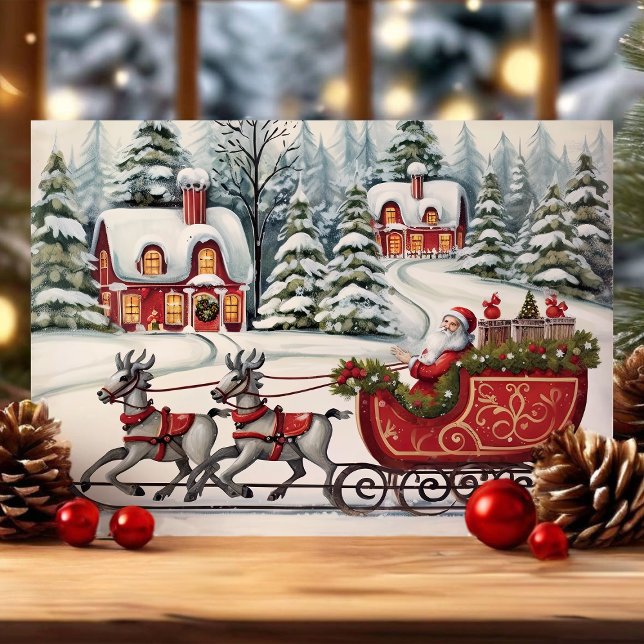 Santa Sleigh Ride Vintage Christmas Holiday Card (Creator Uploaded)