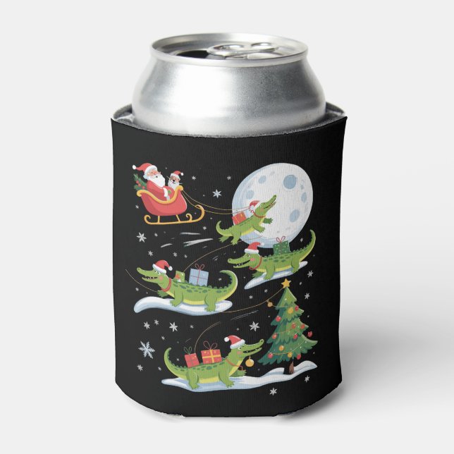 Santa Sleigh Riding Alligator Christmas Funny Xmas Can Cooler (Can Front)