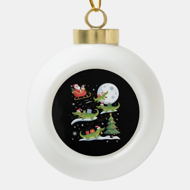 Santa Sleigh Riding Alligator Christmas Funny Xmas Ceramic Ball Christmas Ornament (Front)