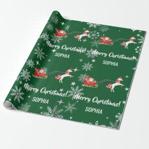 Santa Sleigh Unicorn Snowflakes Personalised Name Wrapping Paper