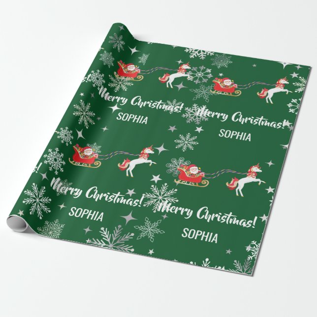 Santa Sleigh Unicorn Snowflakes Personalised Name Wrapping Paper (Unrolled)