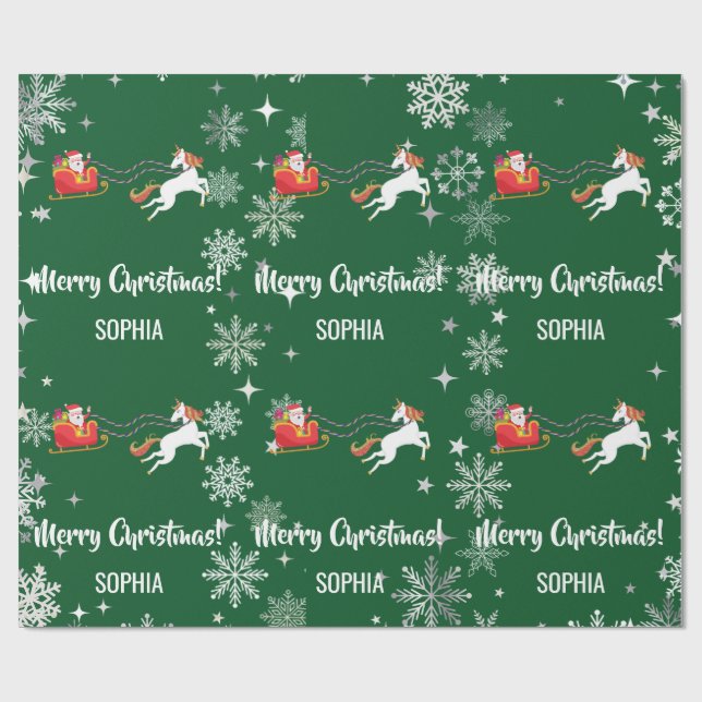 Santa Sleigh Unicorn Snowflakes Personalised Name Wrapping Paper (Flat)