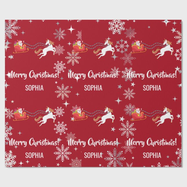 Santa Sleigh Unicorn Snowflakes Personalised Xmas Wrapping Paper (Flat)