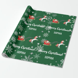 Santa Sleigh Unicorn Snowflakes Personalized Name Wrapping Paper