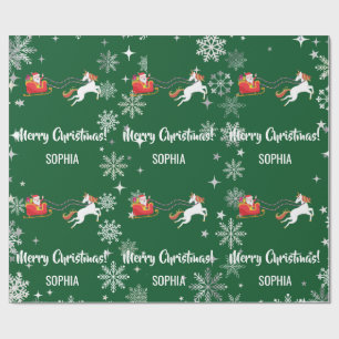 Santa Sleigh Unicorn Snowflakes Personalized Name Wrapping Paper