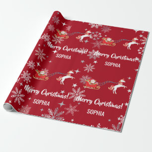 Santa Sleigh Unicorn Snowflakes Personalized Xmas Wrapping Paper