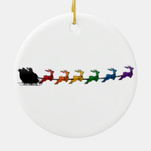 Santa Sleigh with Rainbow Reindeer Ceramic Tree Decoration