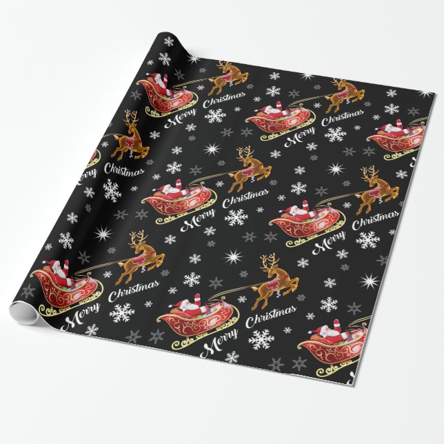 Santa & Sleigh Wrapping paper. Glossy black red Wrapping Paper (Unrolled)