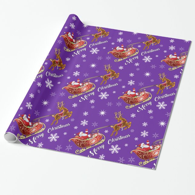 Santa & Sleigh Wrapping paper. Glossy purple Wrapping Paper (Unrolled)