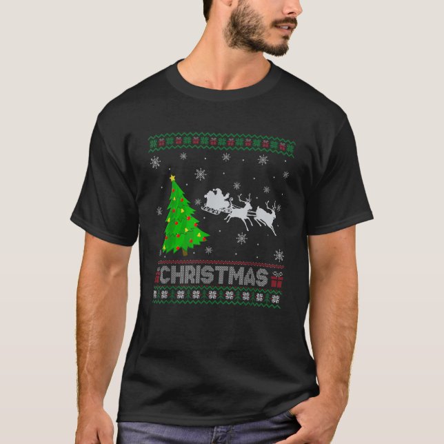 Santa Sleigh Xmas Tree Lighting Ugly Christmas Swe T-Shirt (Front)