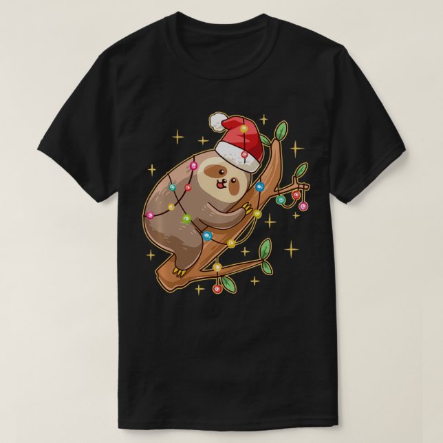 Santa Sloth Christmas Lights Animal Lover Zoo Funn T-Shirt (Design Front)