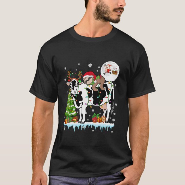 Santa Sloth Ridding Reindeer Cow Christmas Tree Lo T-Shirt (Front)