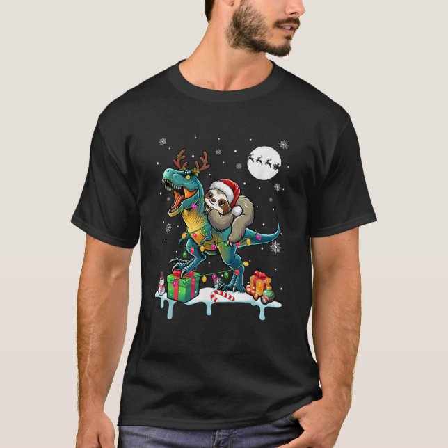 Santa Sloth Riding Reindeer T Rex Christmas Lights T-Shirt (Front)