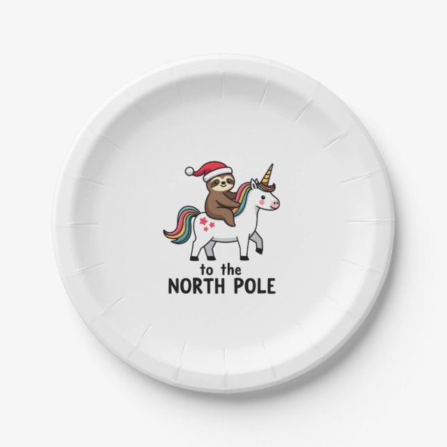 Santa Sloth Riding Unicorn Funny Girl Christmas T- Paper Plate (Front)